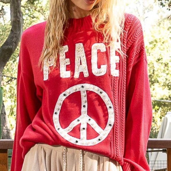 POL Red Peace Patch Sweater with Pearl and Stud Details - Picture 2 of 7